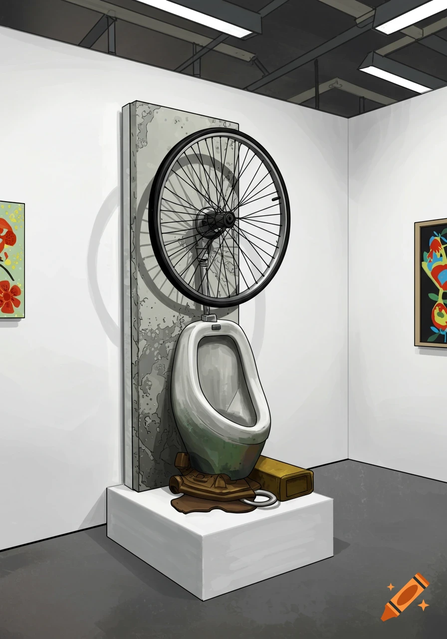 Readymade art installation of a urinal with a bicycle wheel above it, an iron below, displayed in a gallery setting.