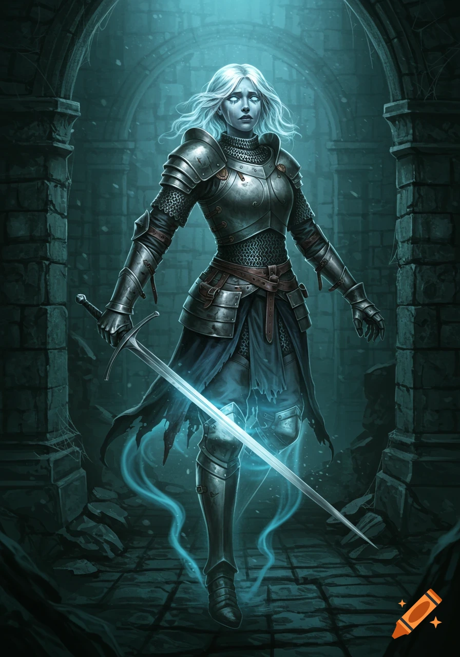 A ghostly female knight in full armor holds a glowing sword in a dark dungeon.