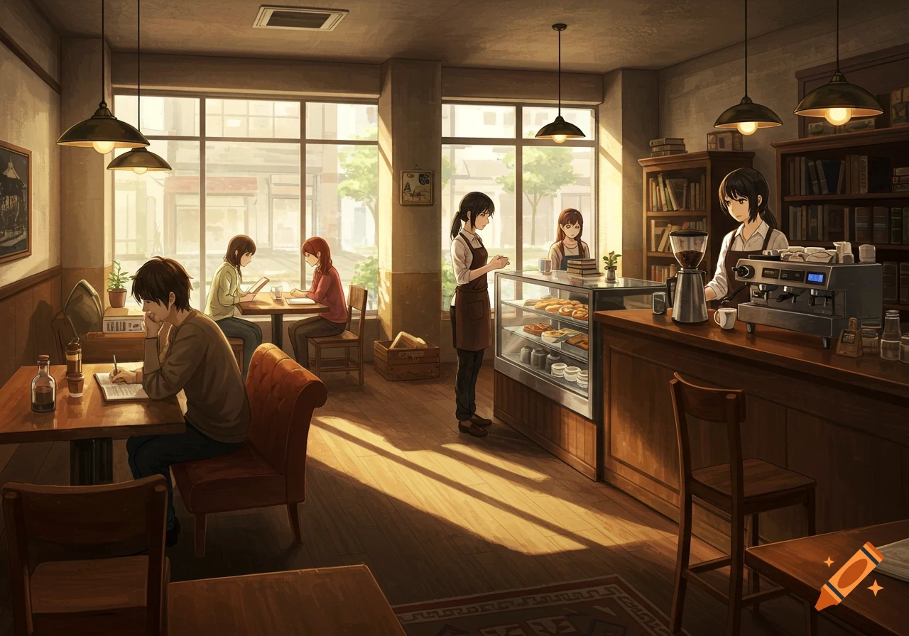 An anime-style illustration of people in a sunlit coffee shop.