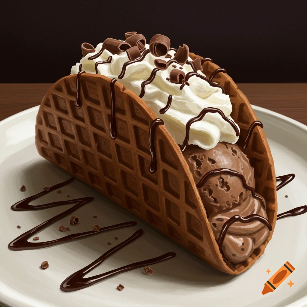 A waffle taco filled with chocolate ice cream, topped with whipped cream, chocolate drizzle, and shavings on a plate.