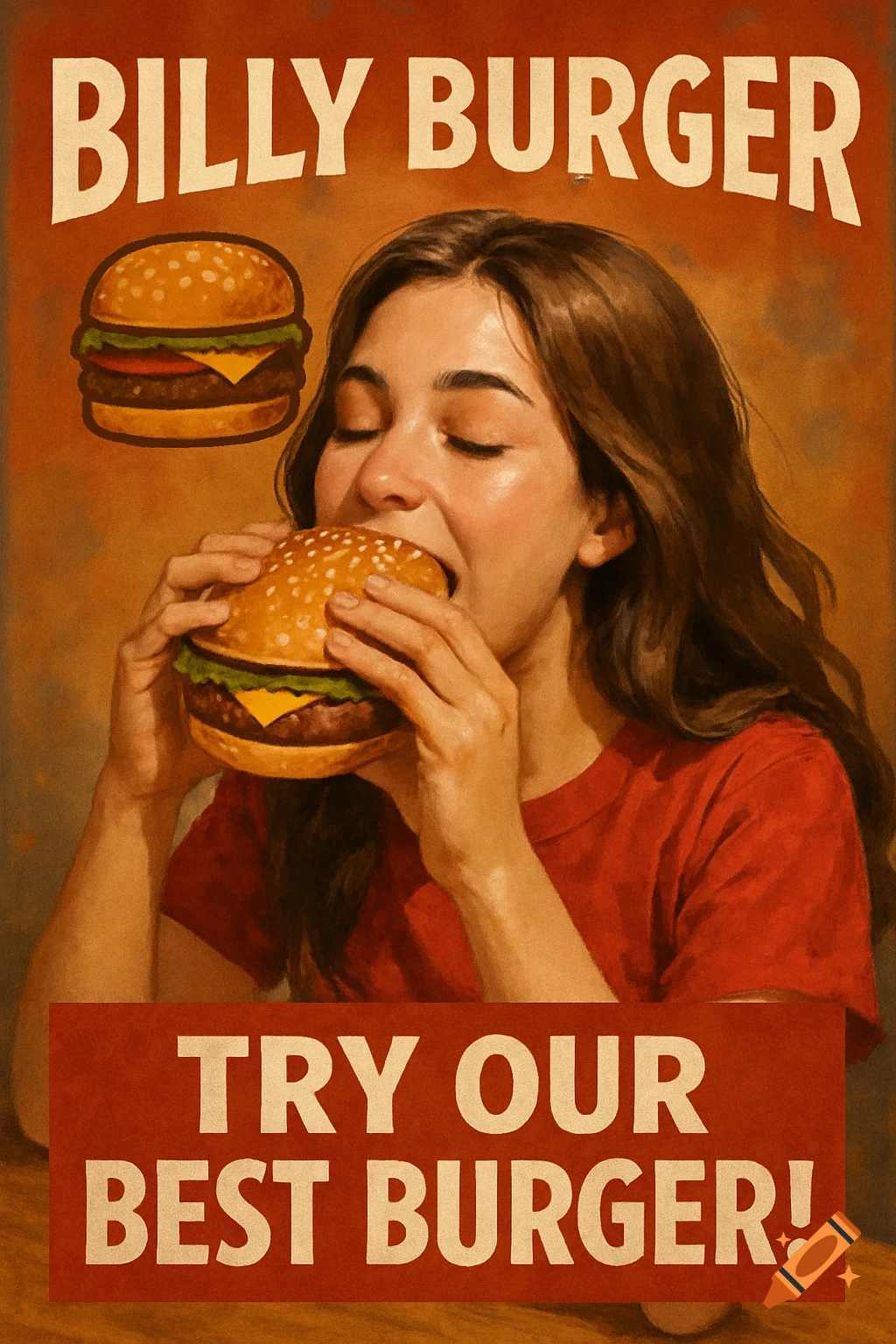 A vintage-style poster shows a woman eating a burger with text "BILLY BURGER" and "TRY OUR BEST BURGER!".