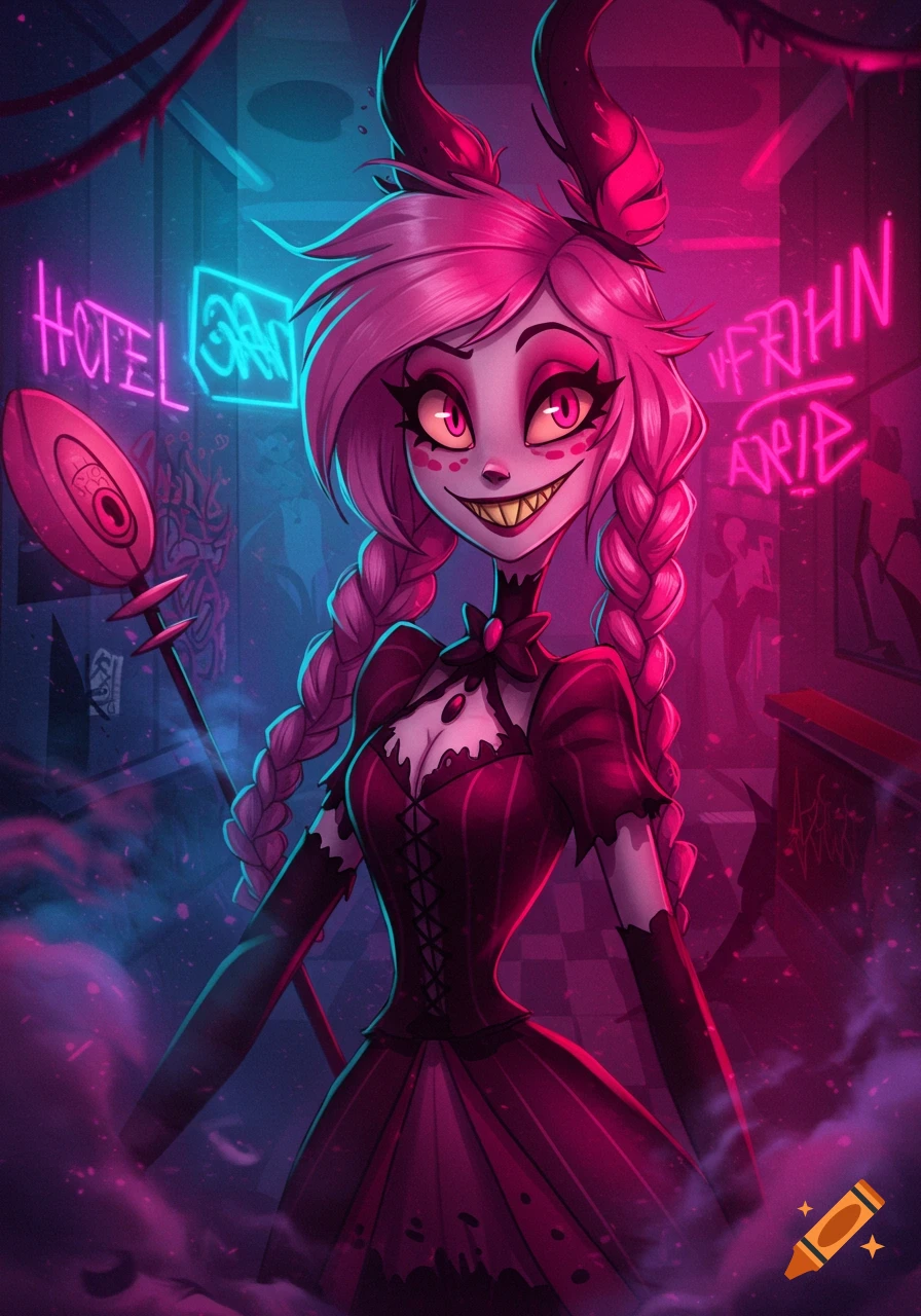 Stylized cartoon demon character with pink hair, horns, and sharp teeth ...