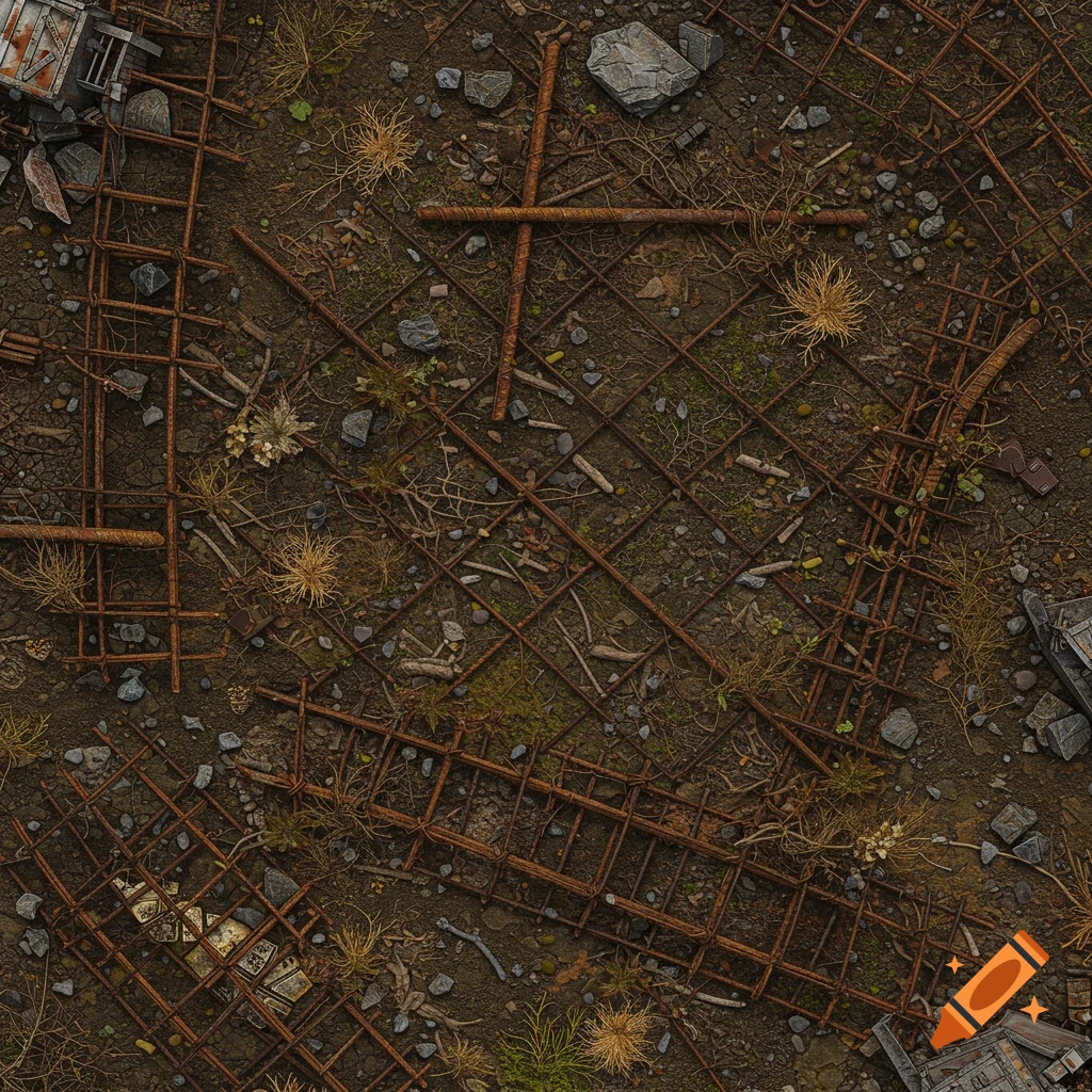 Top-down view of a field covered in rusty rebar and debris