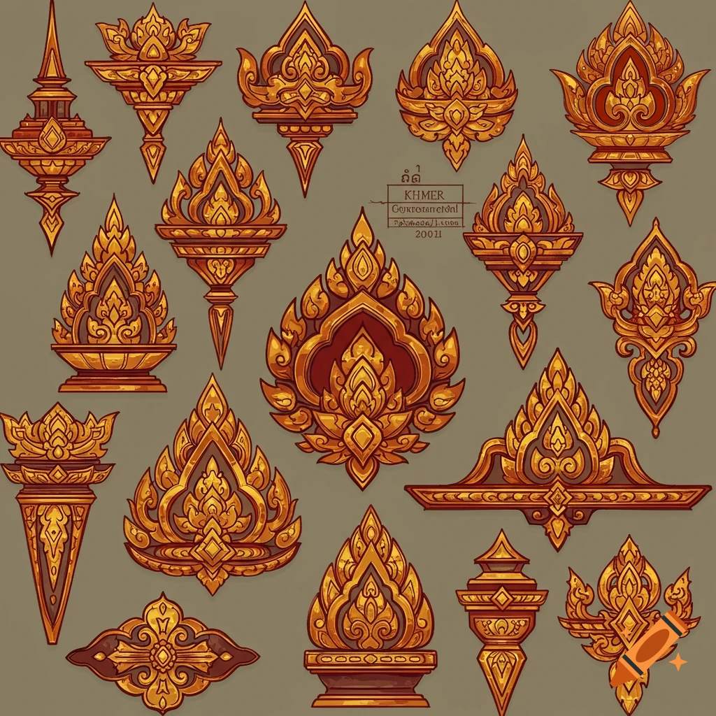 Multiple gold and red ornate traditional Khmer style ornaments arranged on a grey background.