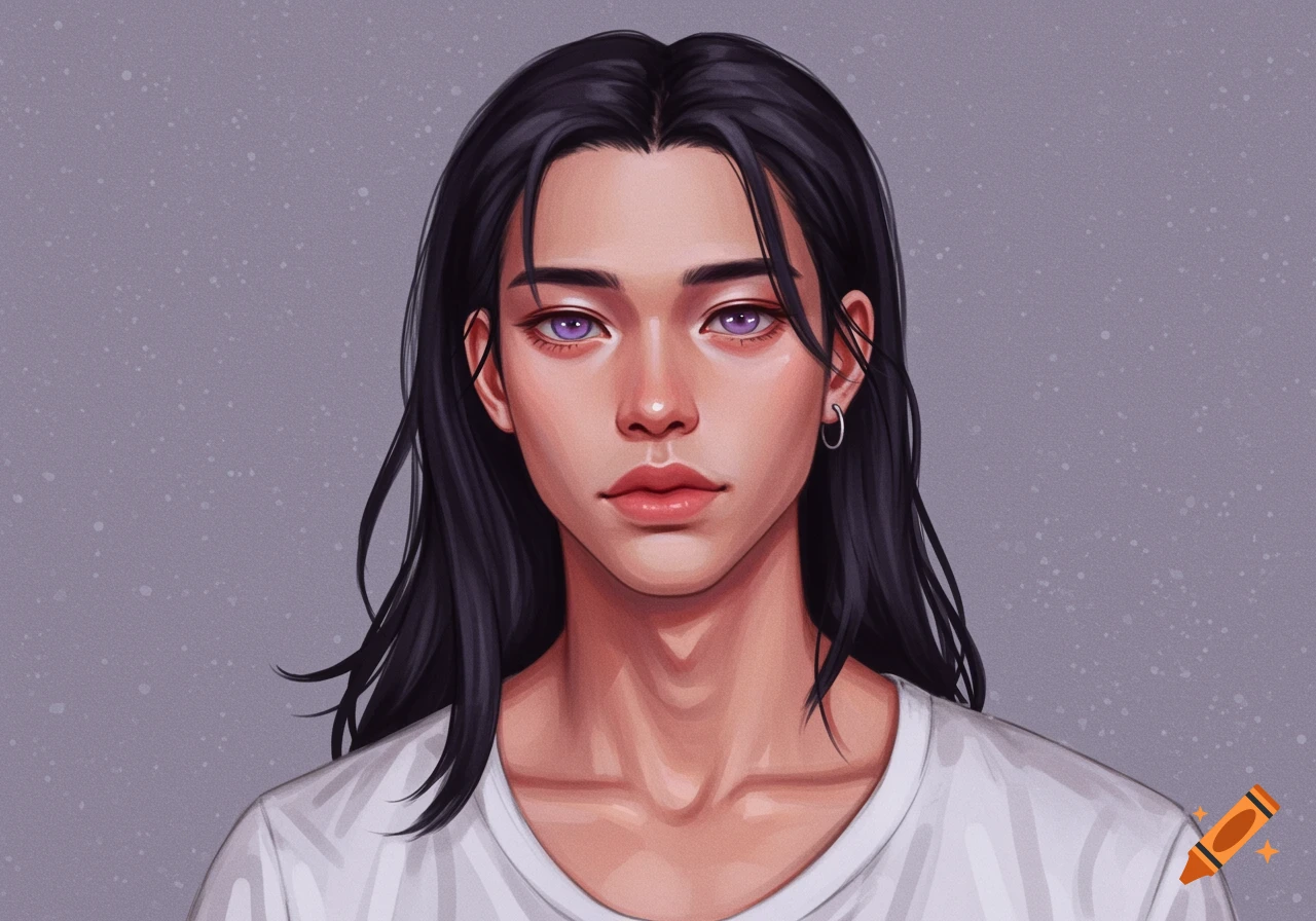 Digital painting of a young person with long black hair and purple eyes ...
