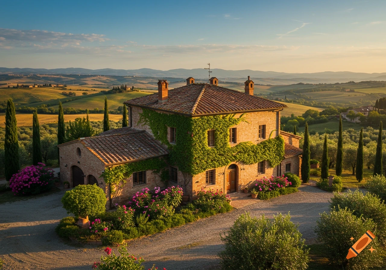 A photorealistic image of an Italian villa in a rolling Tuscan landscape with cypress trees at sunset.