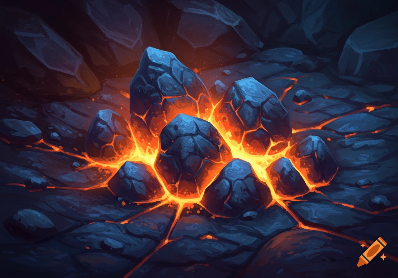 Stylized illustration of volcanic rocks with glowing lava flowing around them.