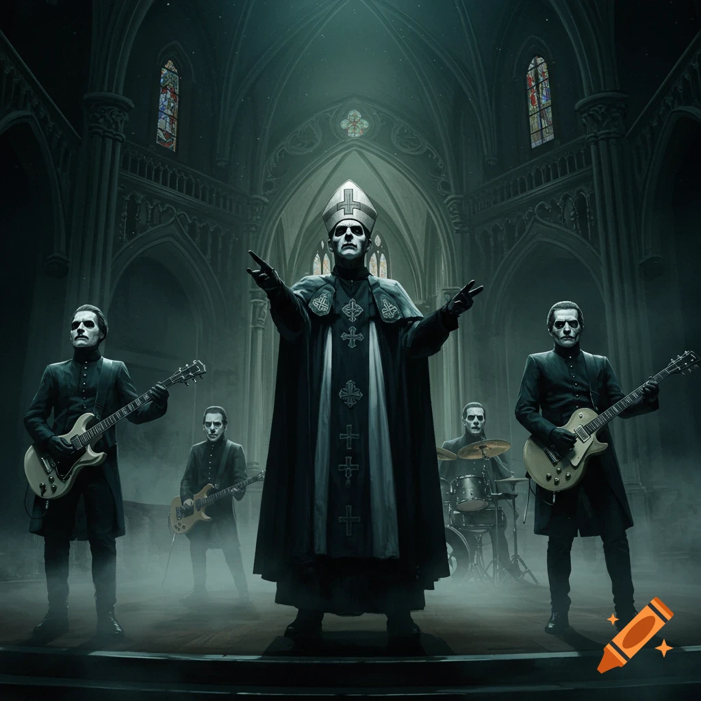 Band resembling Ghost performs on stage in a gothic church.