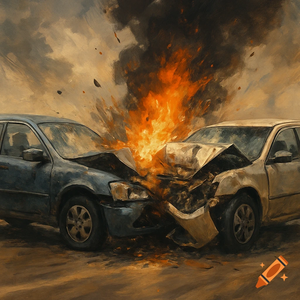 Two cars collide head-on in a fiery explosion, painted in a dramatic style.