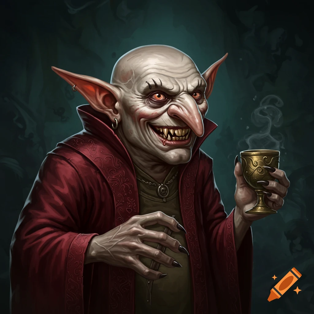 Digital painting of a grotesque bald creature with large ears, fangs, and a long nose, holding a golden cup.