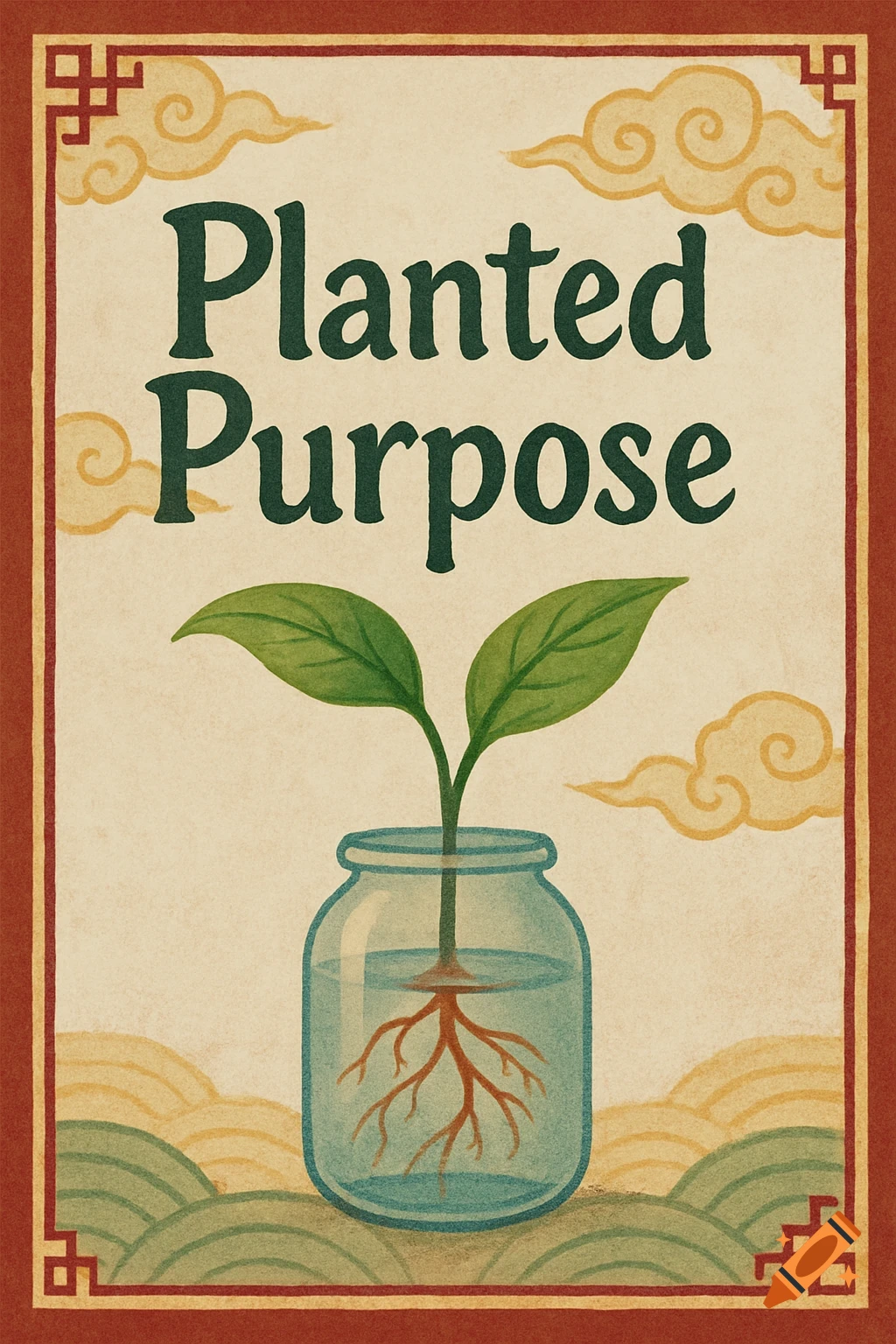 Illustrated poster with text 'Planted Purpose', showing a plant in a jar with roots, styled with an Asian border and clouds.
