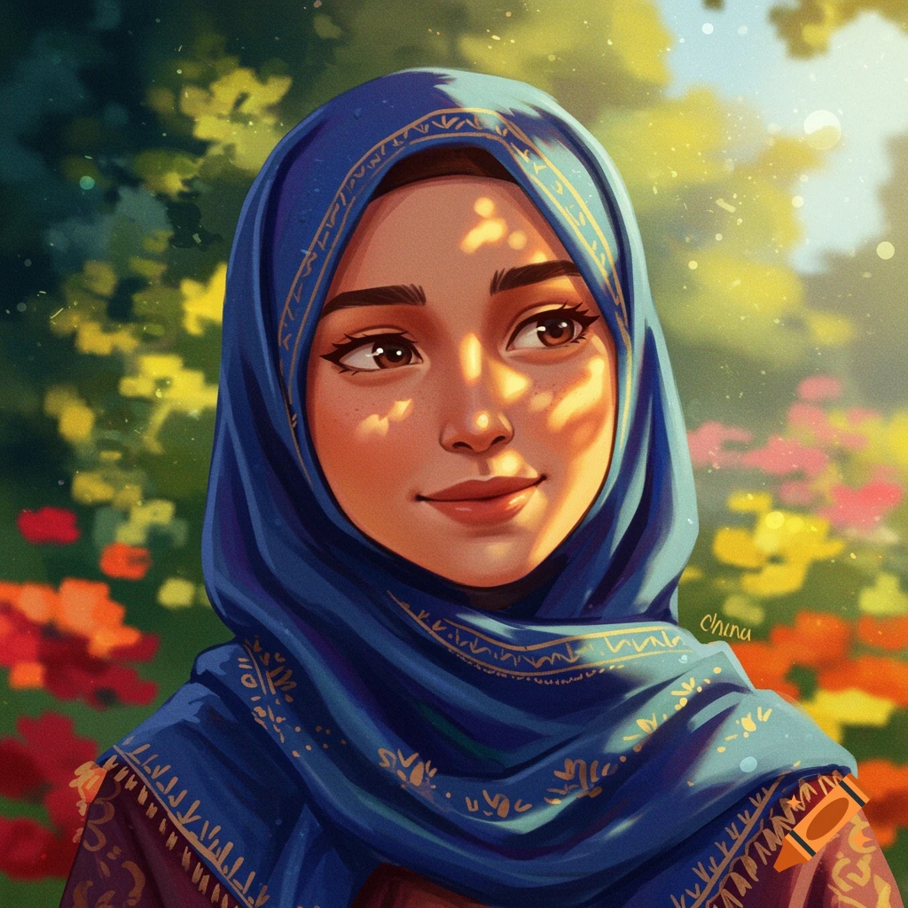 Illustration of a young woman wearing a blue hijab, smiling in a sunny garden.