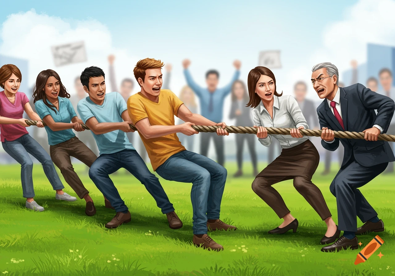 A diverse group of people play tug of war on a grassy field.