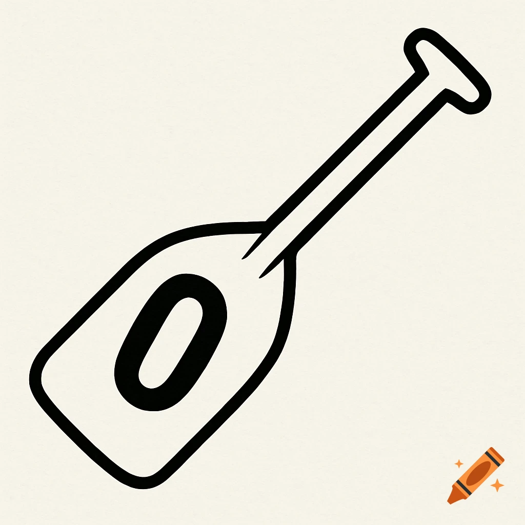 A black outline drawing of a canoe paddle with the number zero in the blade.