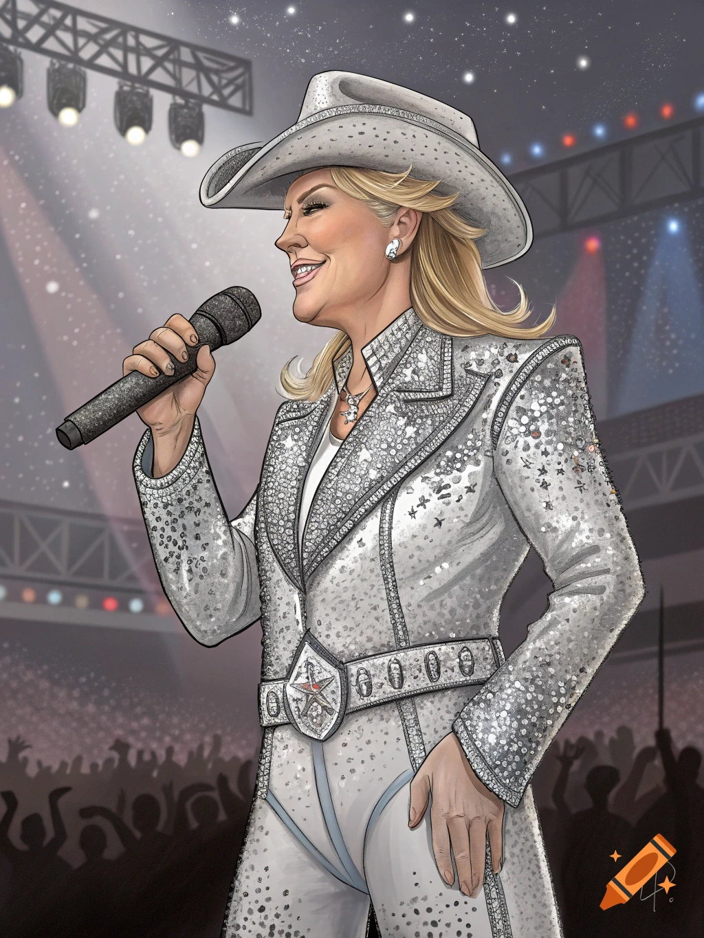 Illustration of a woman in a sparkling white cowboy hat and outfit singing into a microphone on stage.