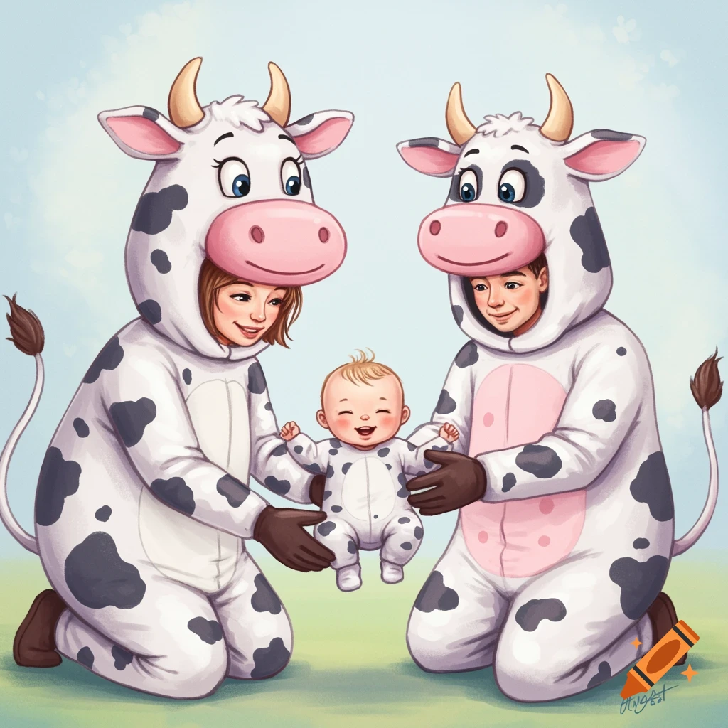 Digital illustration of parents and baby wearing cow costumes