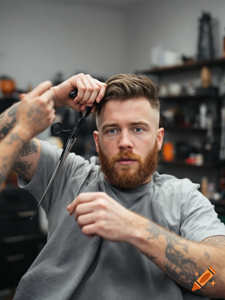 Man with beard getting a haircut from a barber in a salon, photorealistic.