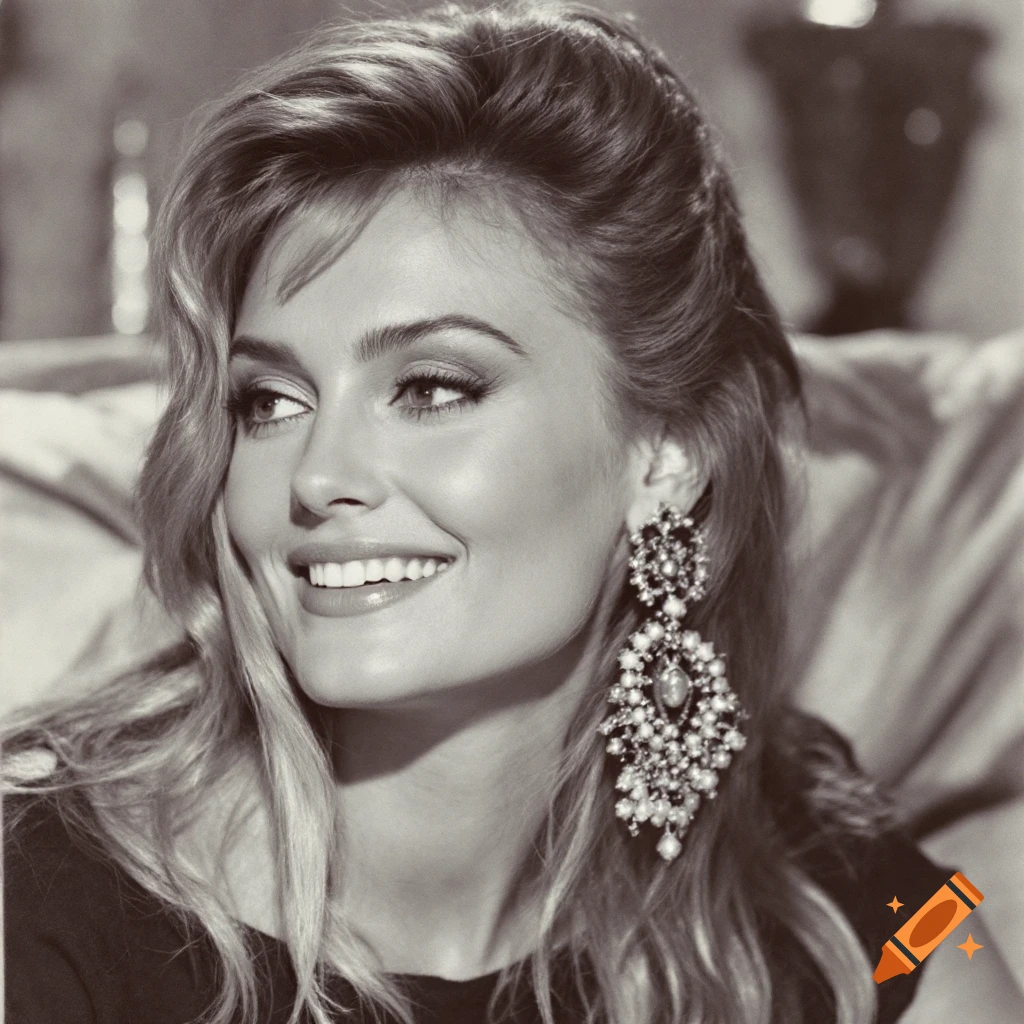 Black and white portrait of a smiling woman wearing a large chandelier earring