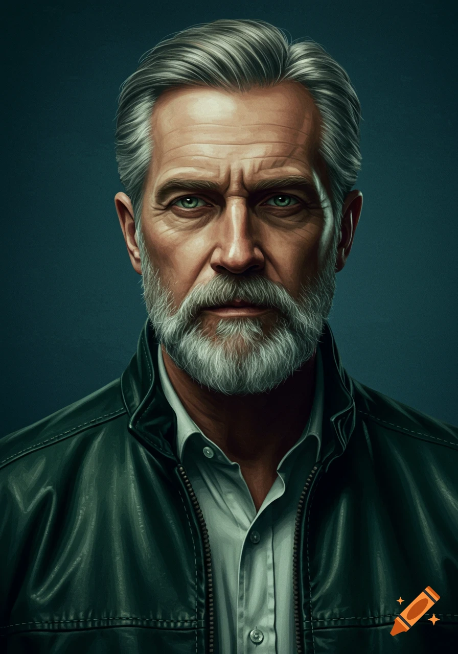 Detailed portrait of a man with grey hair and beard, green eyes, wearing a green leather jacket.
