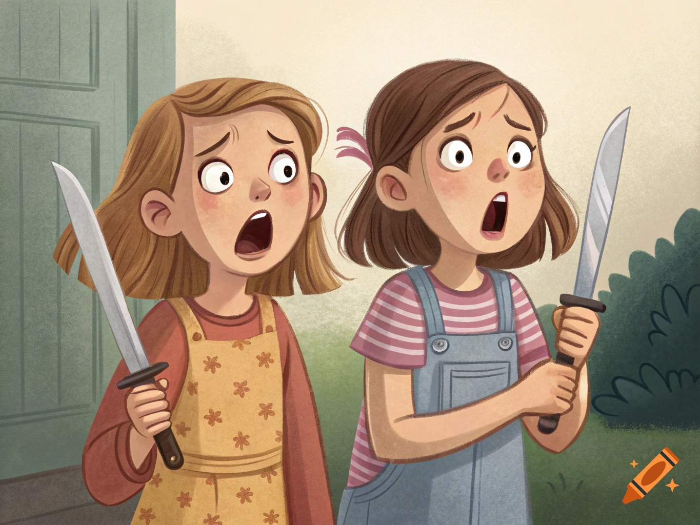 Illustration of two cartoonish girls with wide eyes and open mouths, looking scared and holding knives.
