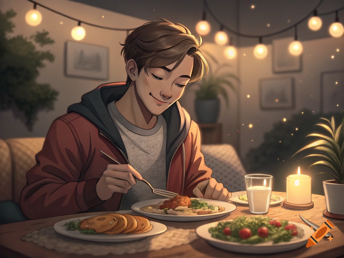 Anime-style illustration of a young man eating a meal at a table in a cozy, warm room.