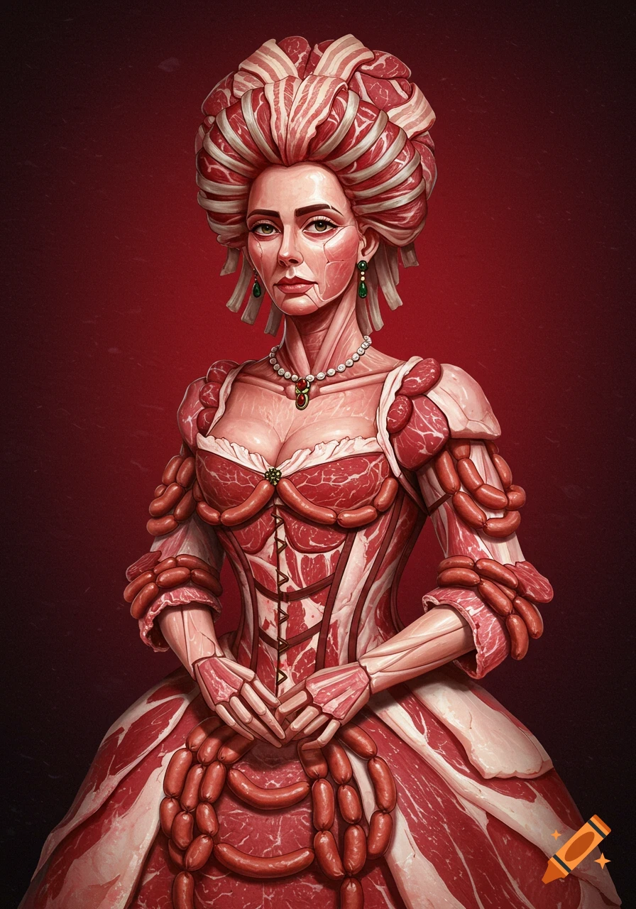 Portrait of a Victorian woman made of meat wearing a meat dress and bacon wig against a red background.