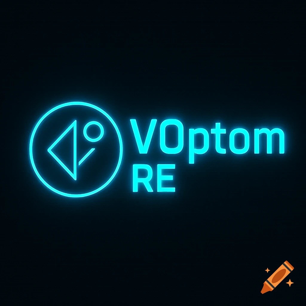 A futuristic neon blue tech logo next to the text VOptom RE on a dark background.