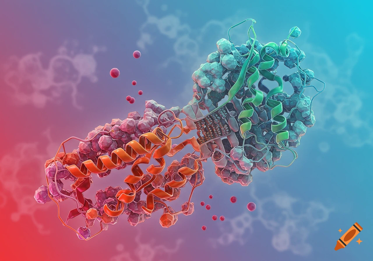3D rendering of a complex molecular structure, likely a protein or cell pump, with orange, red, green, and blue components.