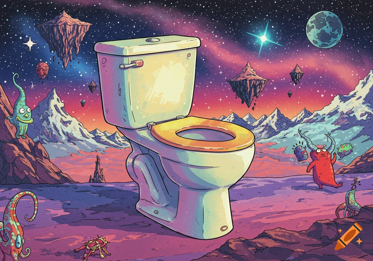 A toilet sits in an alien landscape with floating islands and strange creatures under a starry sky.