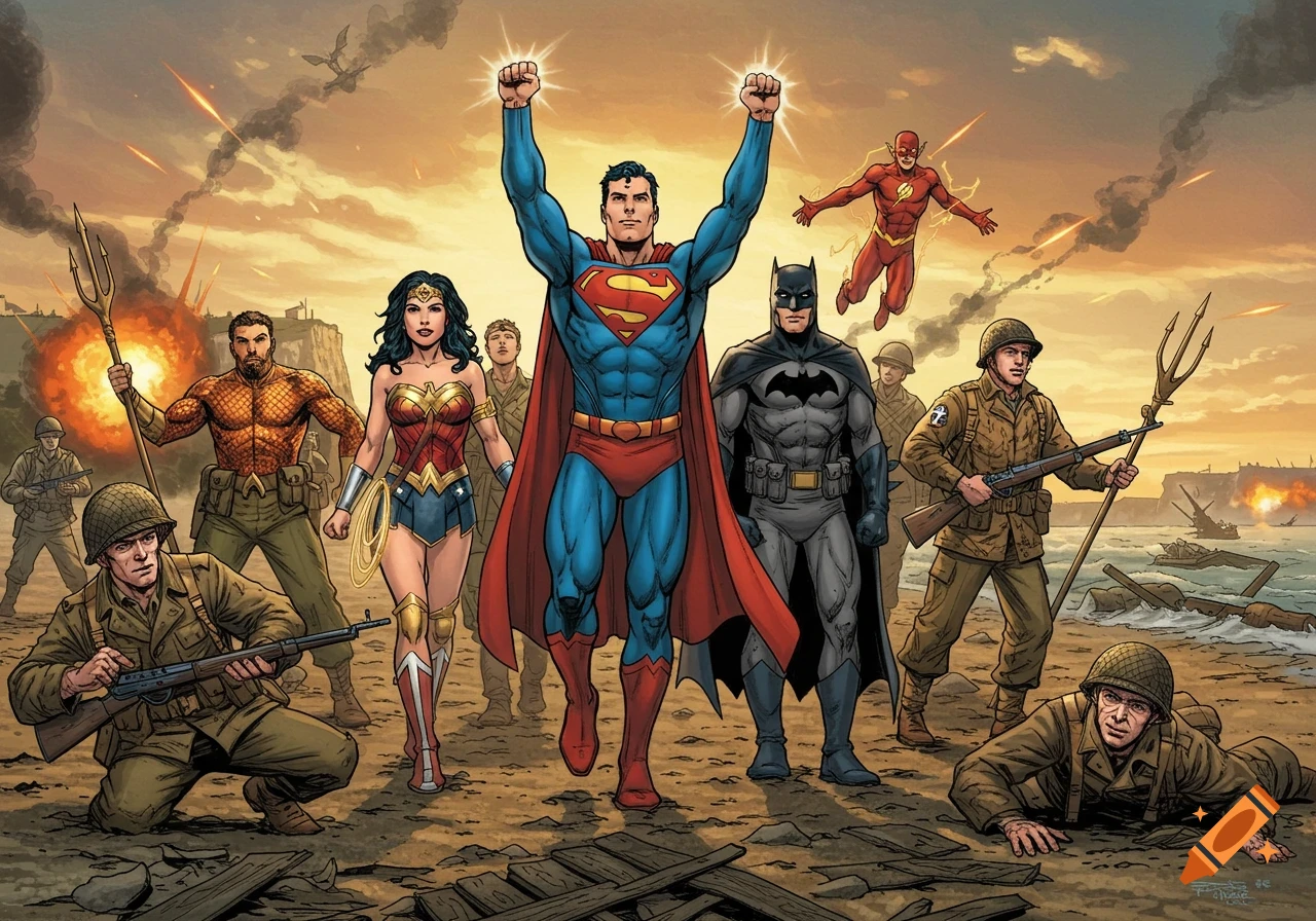 Comic art of Superman, Wonder Woman, Batman, Flash, and Aquaman standing with WWII soldiers on a beach with explosions.