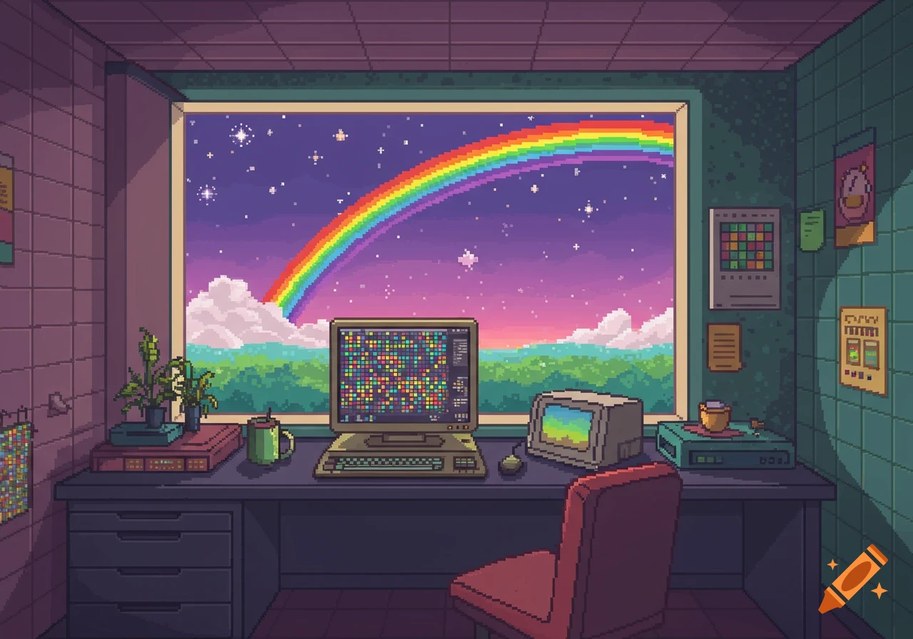 Pixel art scene of a computer desk in a room with a large window looking out at a landscape and a rainbow.