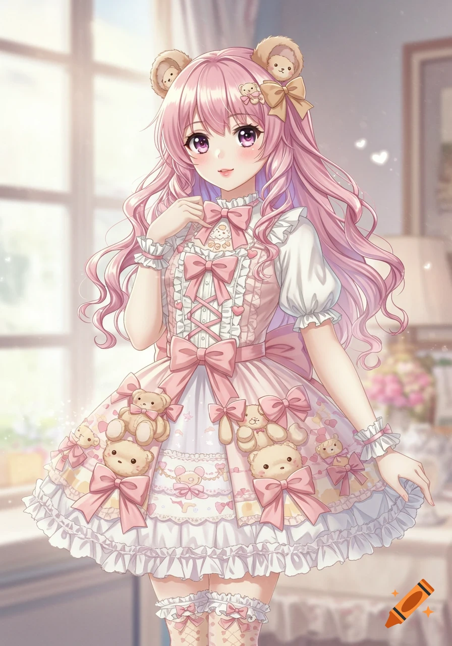 Anime girl with pink hair in a cute pink dress adorned with teddy bears, in a bright room.