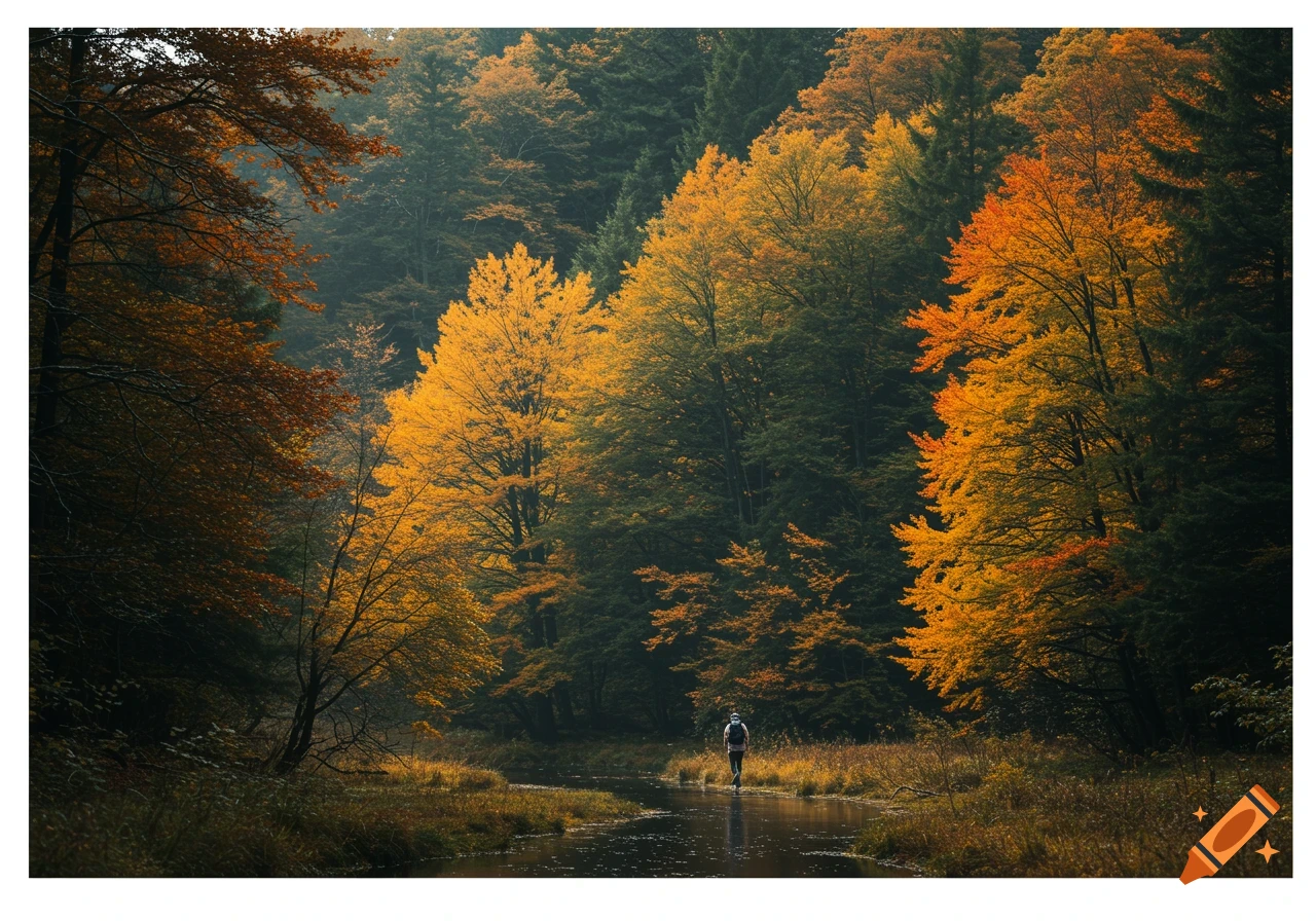 Person walks along a stream bordered by trees with brilliant orange and yellow autumn leaves.