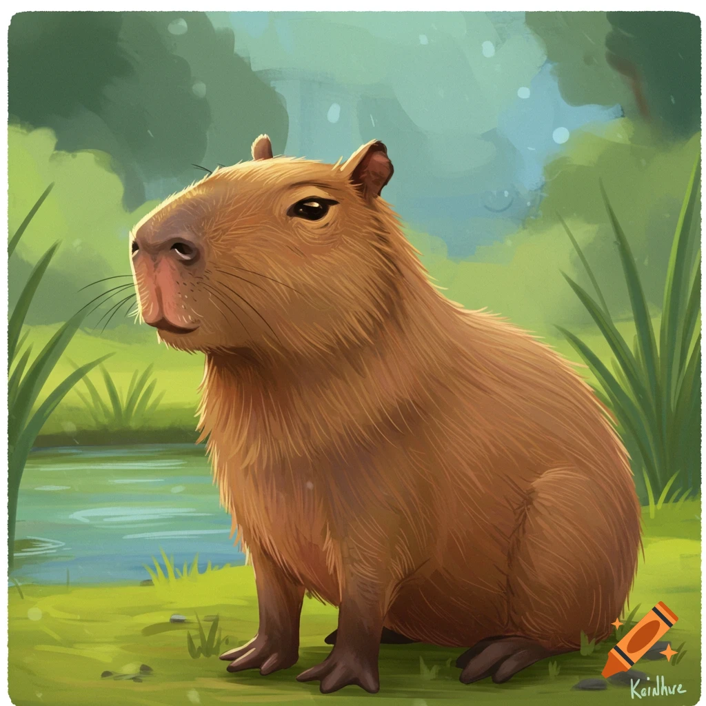Illustration of a capybara sitting by water in a forest.