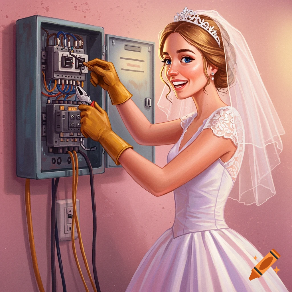 Bride in wedding dress and gloves working on an electric panel with tools, illustration.