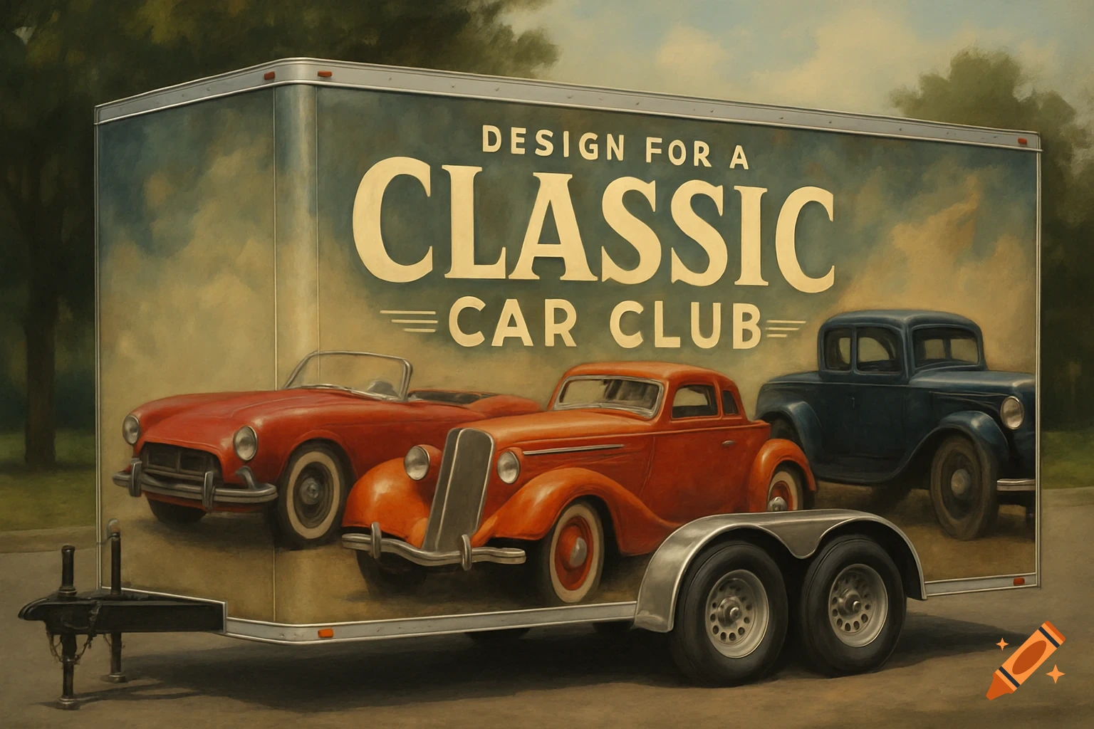 Painterly image of a trailer wrap design featuring 'DESIGN FOR A CLASSIC CAR CLUB' text and three classic cars.