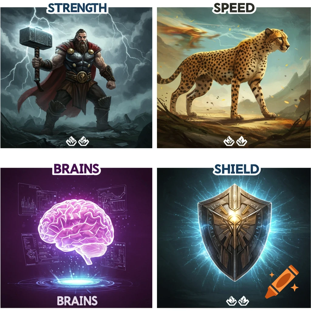 Four panel illustration: a strong figure with a hammer (STRENGTH), a cheetah (SPEED), a glowing brain (BRAINS), and a shield (SHIELD).