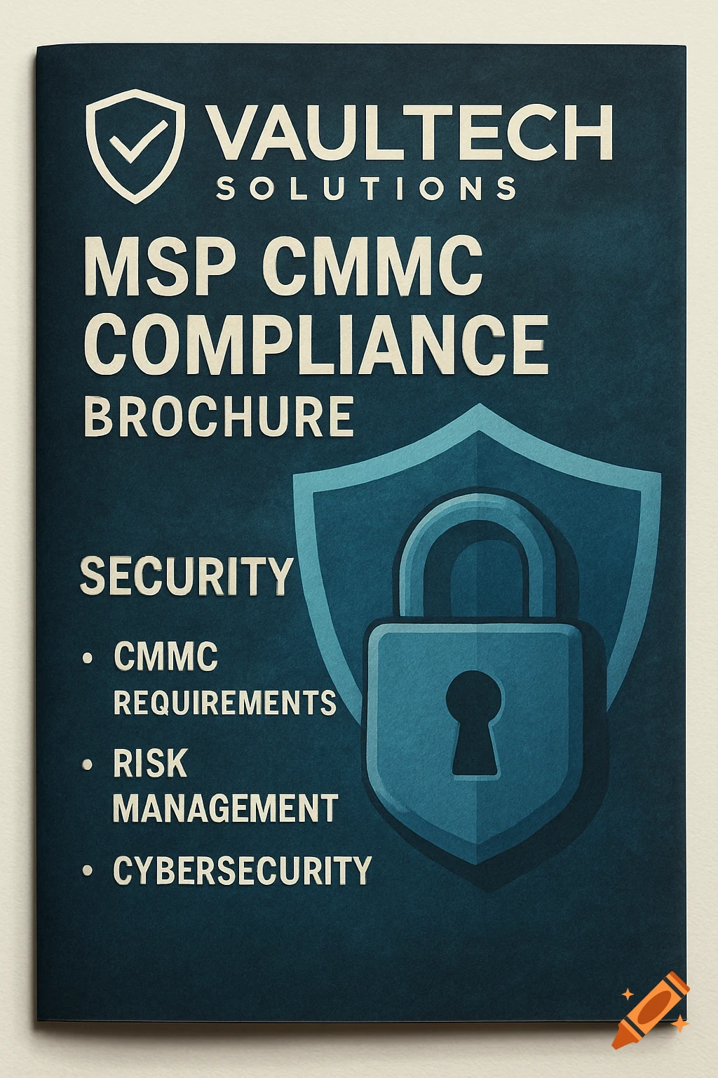 Brochure cover for Vaultech Solutions MSP CMMC Compliance, with security icon and text.