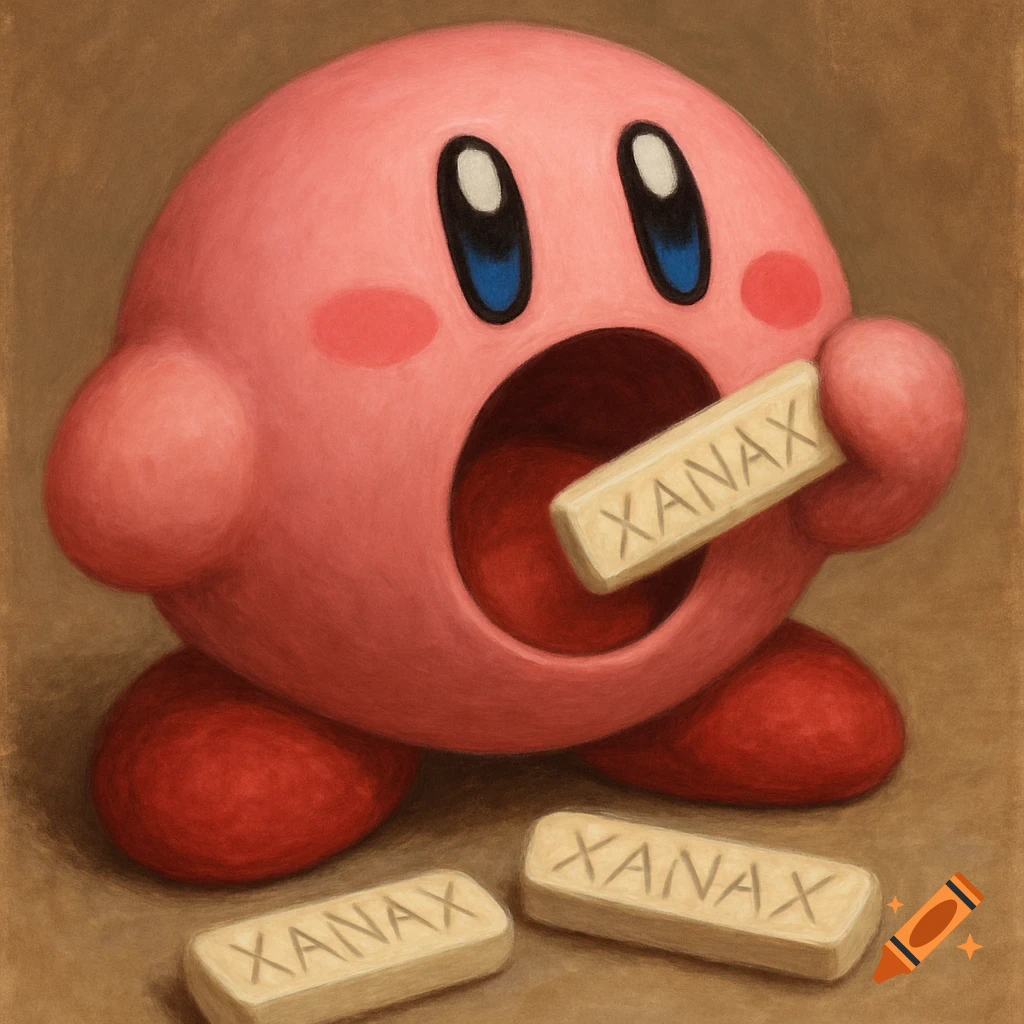 A painting of the character Kirby holding and eating a pill labeled 'XANAX', with two more pills on the ground.