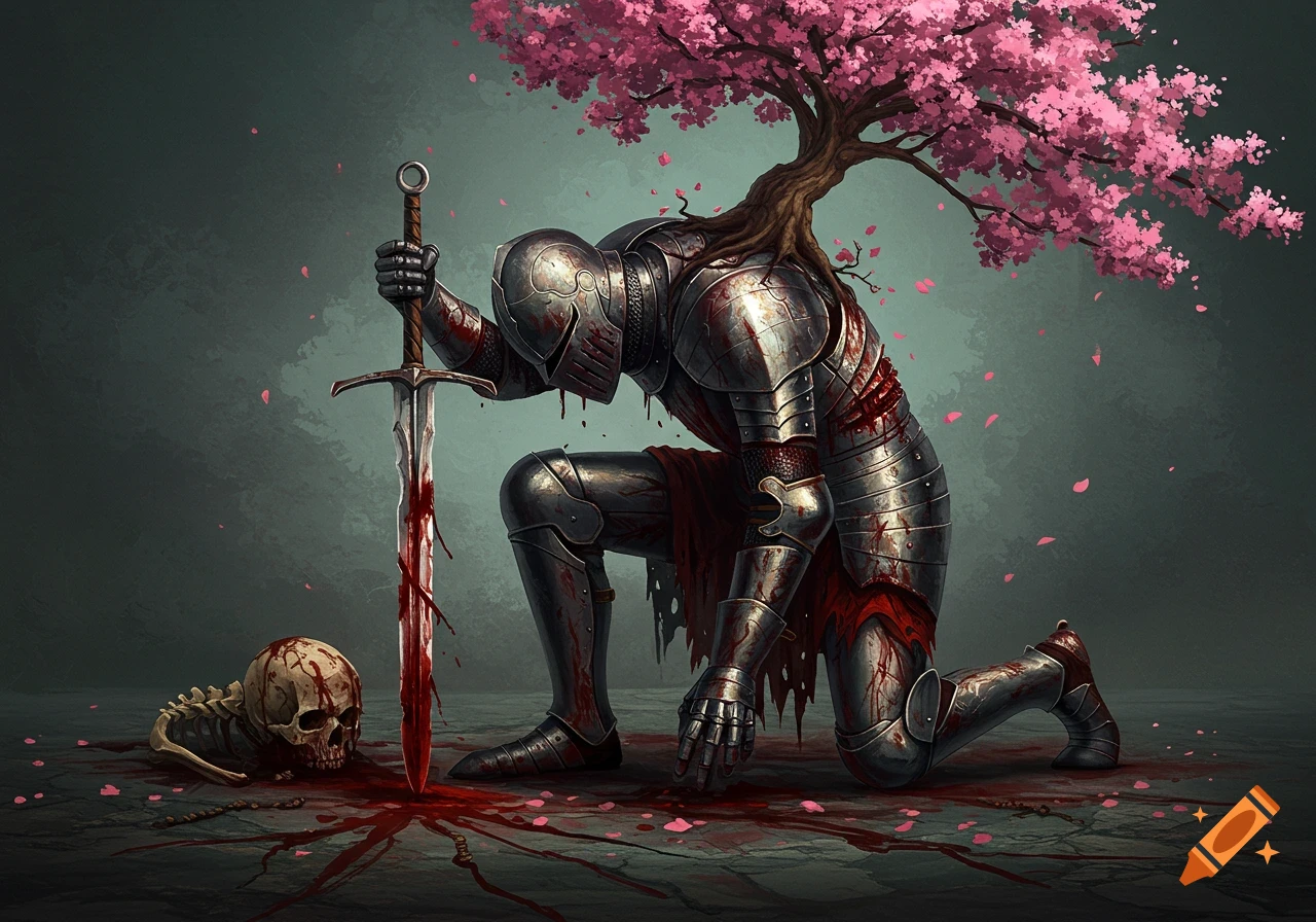 A bloodied knight in armor kneels beside a sword and skull, with a cherry blossom tree growing from his back.