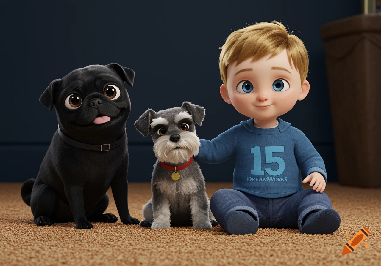 A cartoon boy sits with a black pug and a miniature schnauzer on a carpet in Dreamworks style.