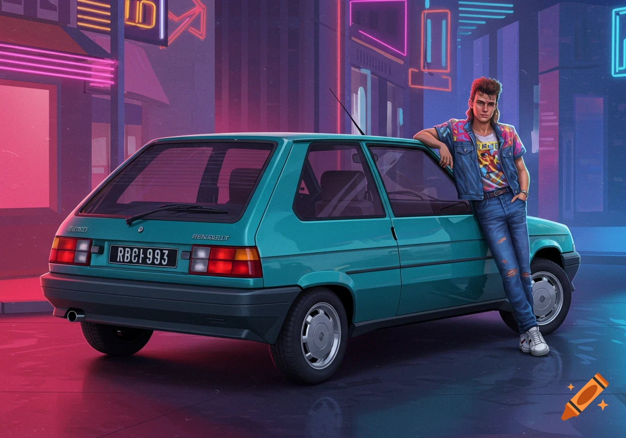 Person leaning on a teal Renault hatchback in a neon-lit city street, synthwave style.