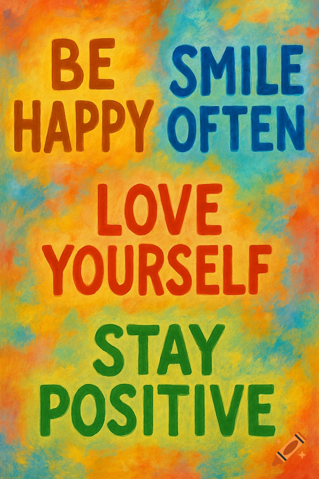 Colorful painting with motivational text: BE HAPPY, SMILE OFTEN, LOVE YOURSELF, STAY POSITIVE.