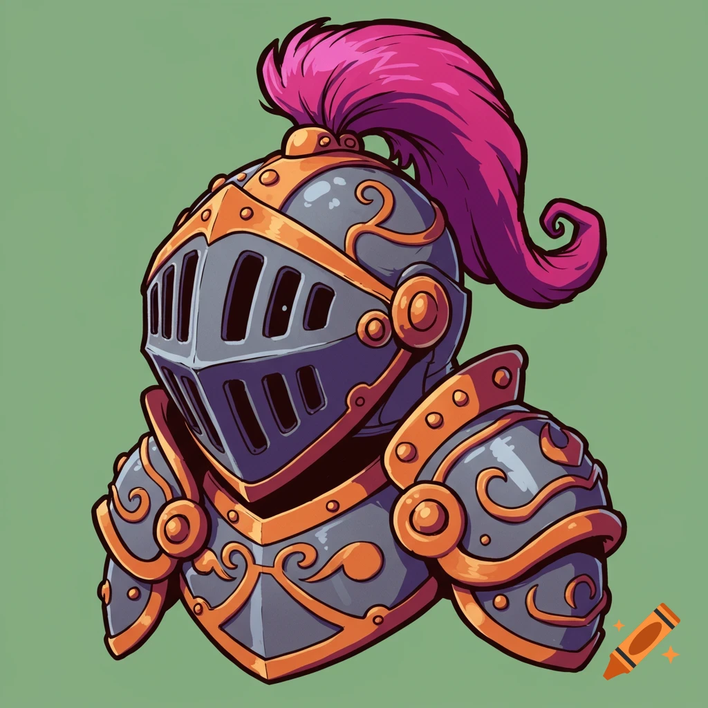 Cartoon fantasy knight helmet and armor with pink plume
