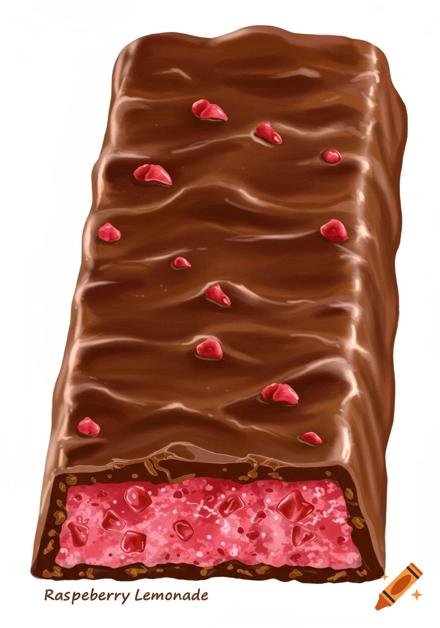 Illustration of a chocolate bar with pink raspberry filling and red raspberry pieces on top.