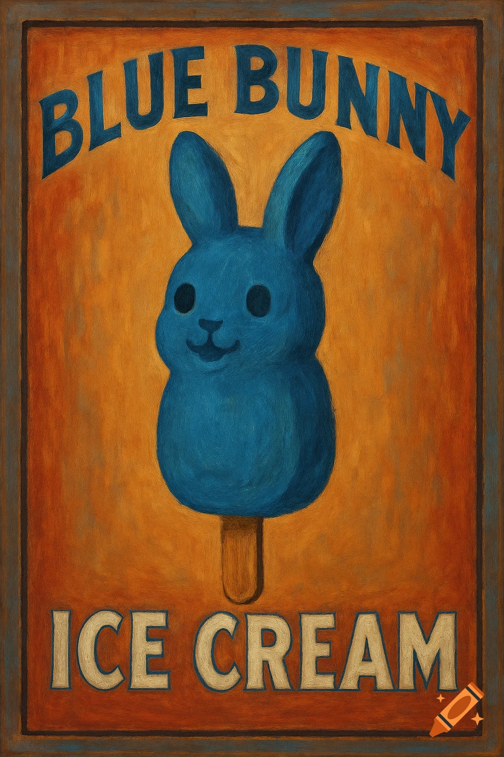 A vintage-style painted sign for Blue Bunny Ice Cream, featuring a blue bunny shaped popsicle.