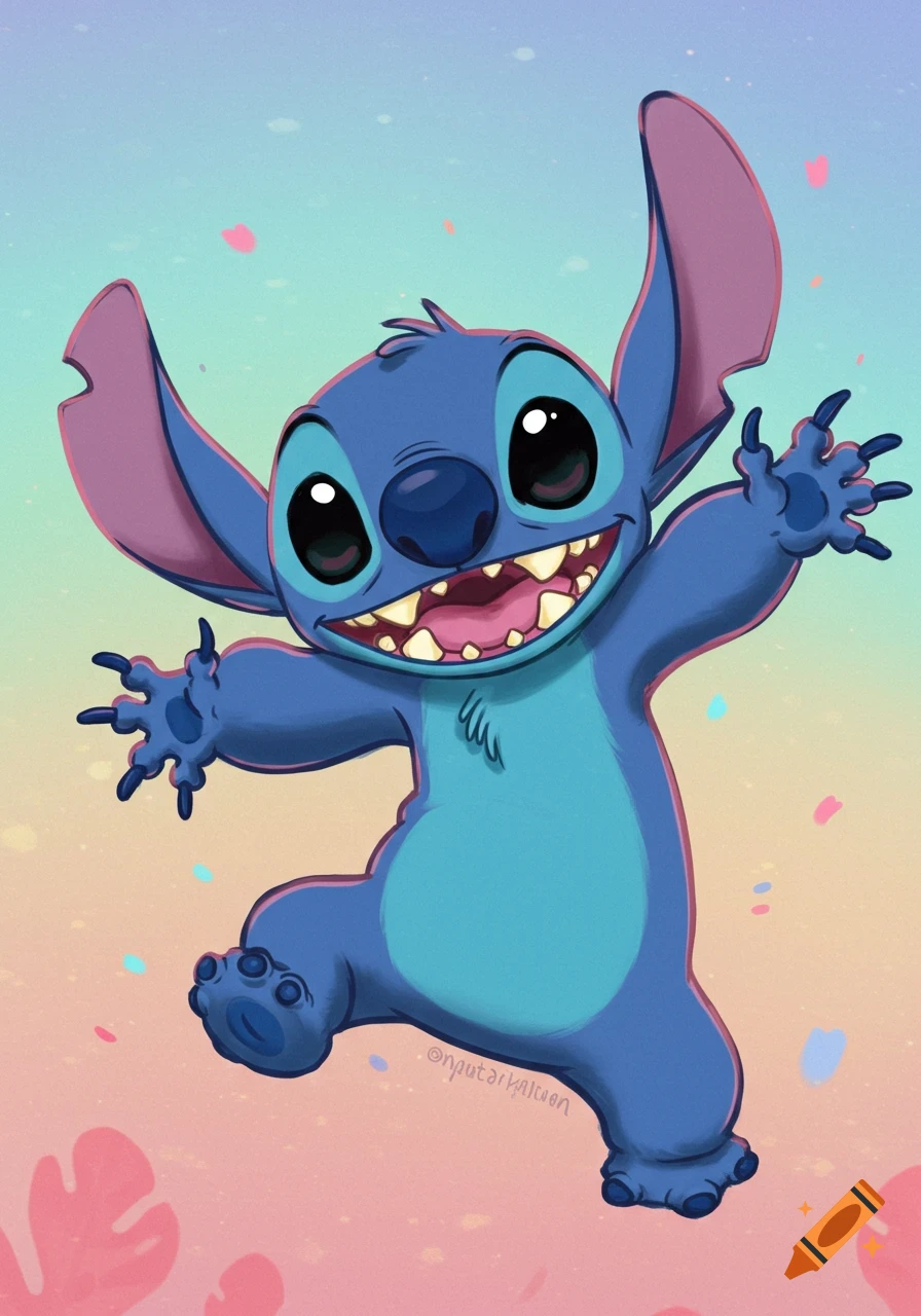 An illustration of Disney character Stitch jumping excitedly