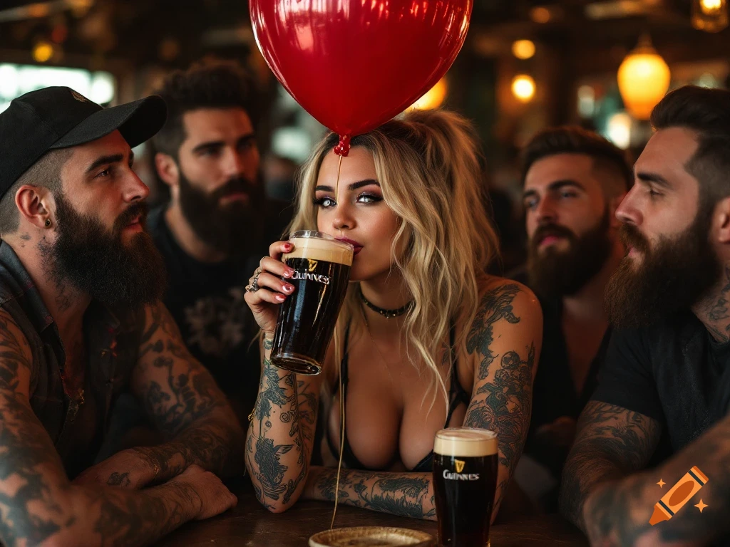 A woman drinks a pint of dark beer in a pub, surrounded by bearded and tattooed men, with a red balloon above her head.