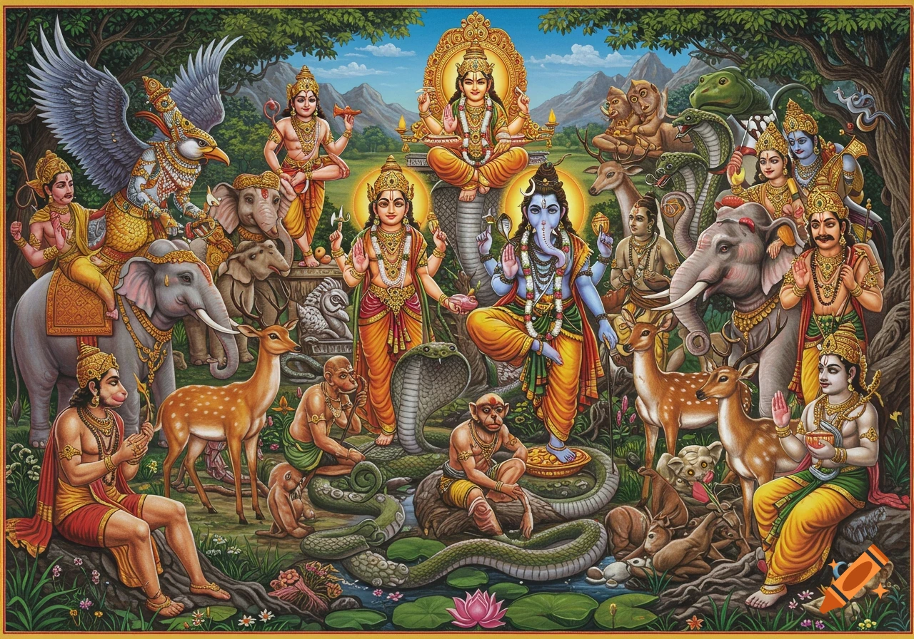 Hindu deities and creatures including Shiva, Ganesha, Hanuman, elephants, snakes, and Garuda gather in a forest scene.