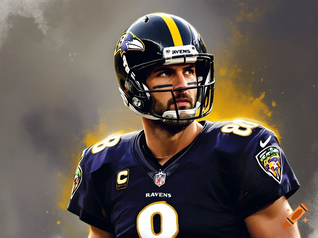A realistic portrait of a football player in a Baltimore Ravens uniform, wearing number 8 on the shoulder.